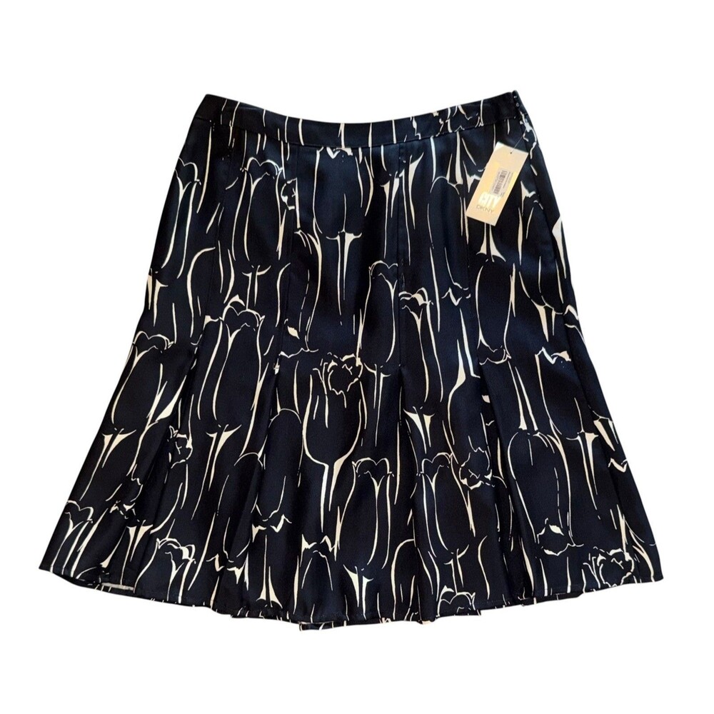 NWT DKNY Black Cream Tulip Print 100% Silk A-Line Skirt Box Pleated Size 4 $109